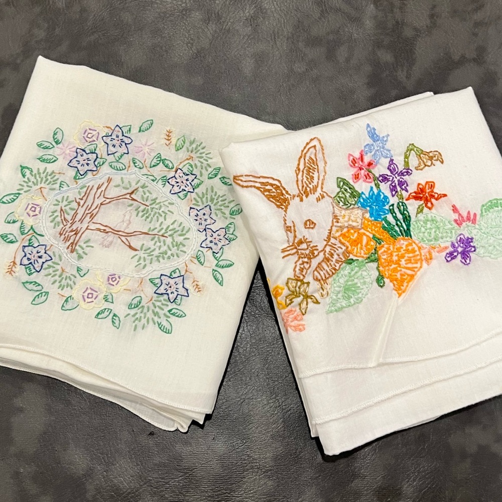 Vintage Embroidered Floral and Bunny pillow cases- White, Green, Purple, Orange